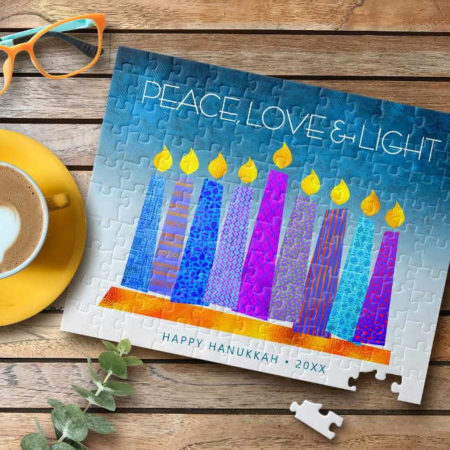 Quebra-cabeça Hanukkah Blue Candles Turquoise Peace Love Light (Criador carregado)