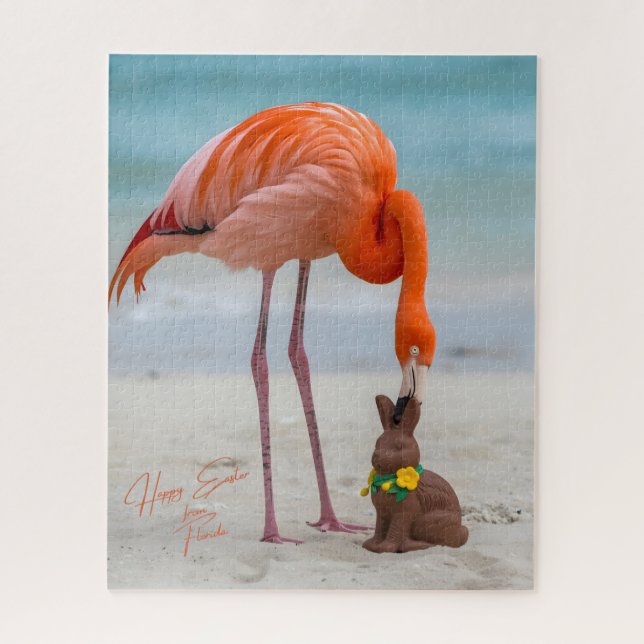 Quebra-cabeça Happy Easter from Florida Flamingo on Beach (Vertical)