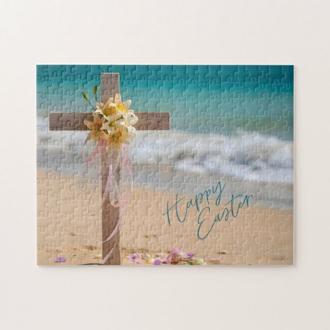 Quebra-cabeça Happy Easter Wooden Cross with Lilies on Beach (Horizontal)