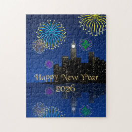 Quebra-cabeça Happy New Year’s Eve Midnight Fireworks City Light