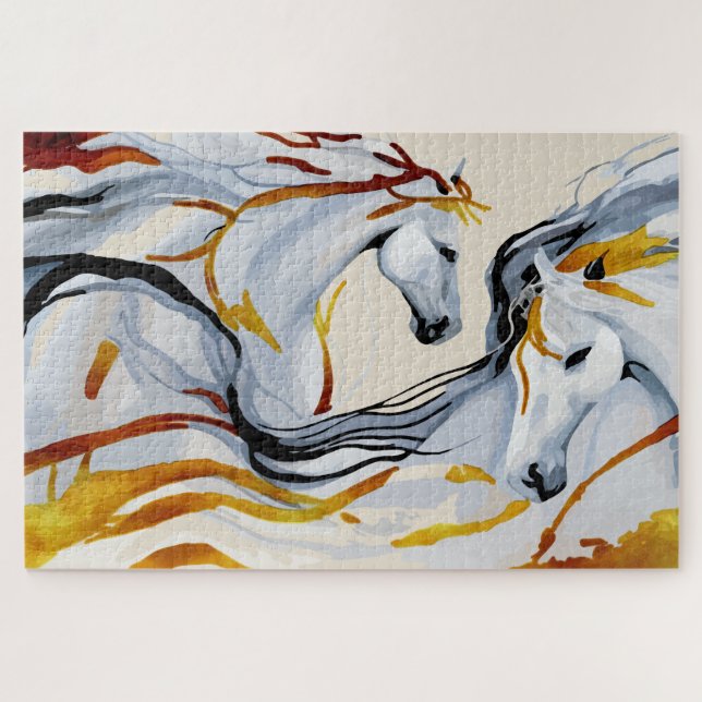 Quebra-cabeça Harmonia Dourada: Dois Cavalos no Reino da Fantasi (Horizontal)