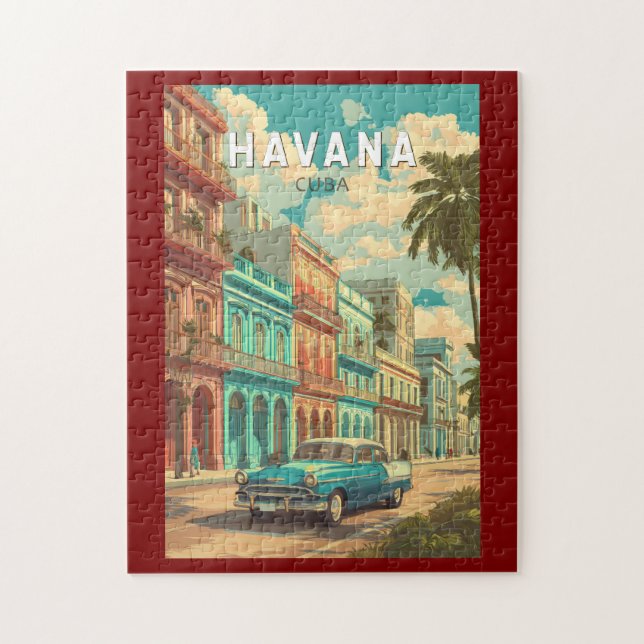 Quebra-cabeça Havana Cuba Illustração Viagem Art Vintage (Vertical)