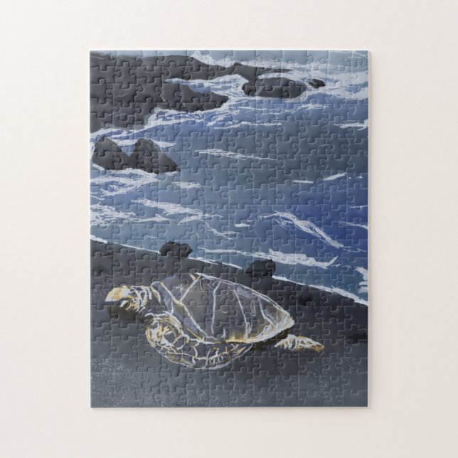 Quebra-cabeça Hawaii Sea Turtle on Black Sand Beach T-Shirt (Vertical)
