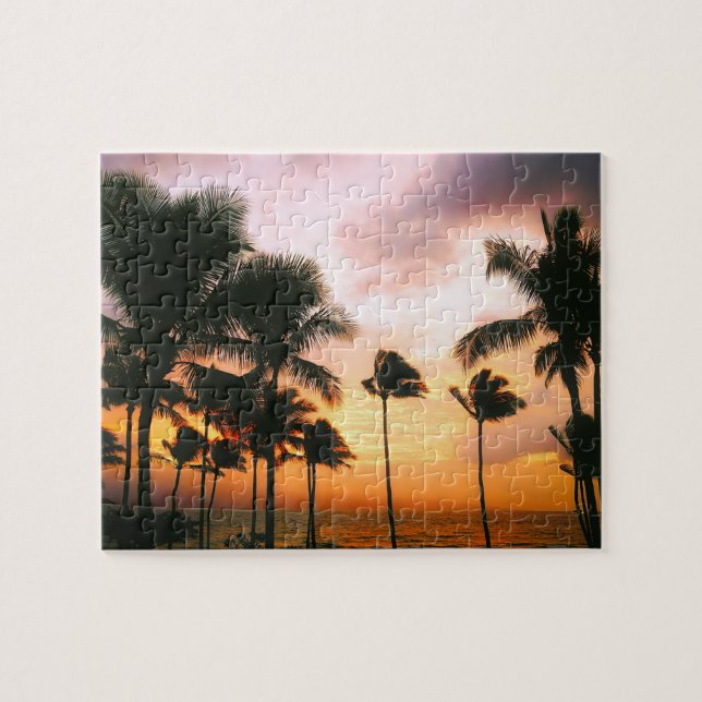 Quebra-cabeça Hawaiian Beach Palm Trees Sunset - Viagem Hawaii (Horizontal)