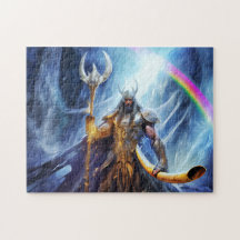 Heimdall and horn Gjallarhorn at bifrost bridge