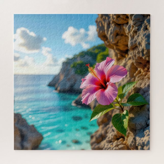 Quebra-cabeça Hibisco Crescendo em uma Falésia Rochosa (Horizontal)