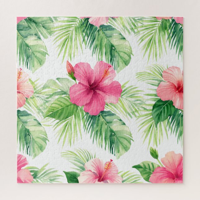 Quebra-cabeça Hibisco Rosa Palmeira Tropical Aquarela (Vertical)