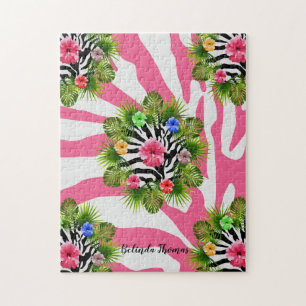 Quebra-cabeça Hibisco tropical e listras exóticas de zebra rosa