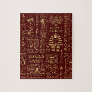 Quebra-cabeça Hieroglyphs e couro egípcios do vermelho dos