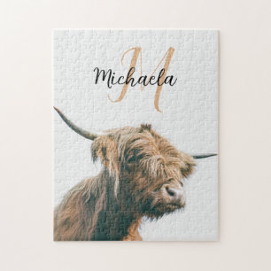 Quebra-cabeça Highland cow portrait custom name initial monogram