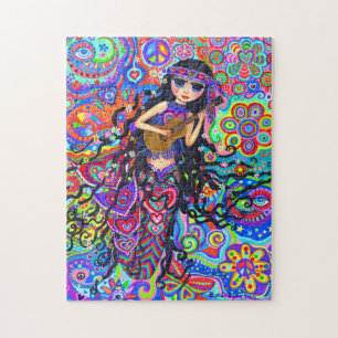 Quebra-cabeça Hippie Mermaid Girl Guitarra Psicédica