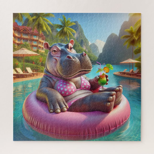 Quebra-cabeça Hippo Flutuando Em Uma Piscina Com Cocktail Beber (Vertical)