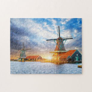 Quebra-cabeça Holandeses Windmills Cloudy Sunset Rotterdam Holla