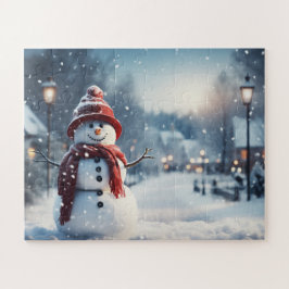 Quebra-cabeça Homem de neve na vila. Cena de inverno.