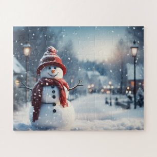 Quebra-cabeça Homem de neve na vila. Cena de inverno.