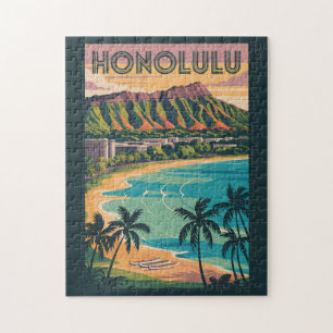 Quebra-cabeça Honolulu Hawaii Ilustração Viagem Art Vintage
