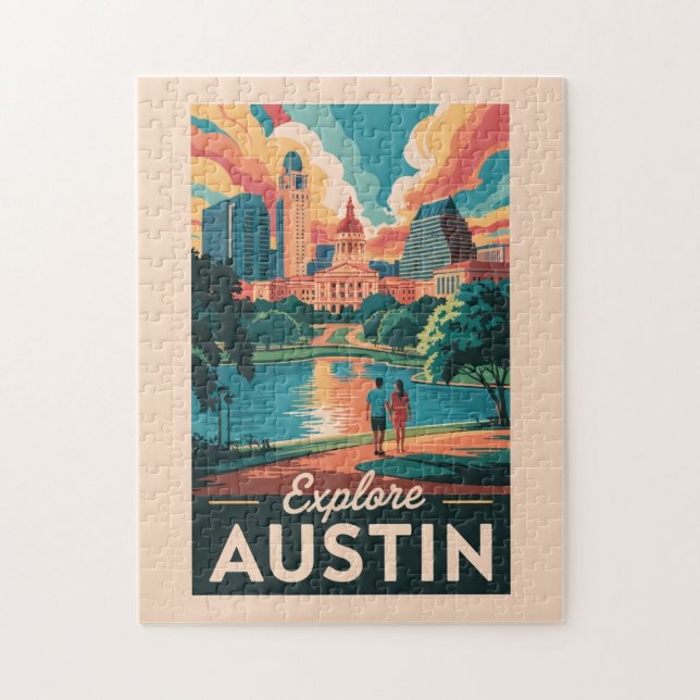 Quebra-cabeça Horizonte de Austin Texas Viagem Arte Vintage (Vertical)