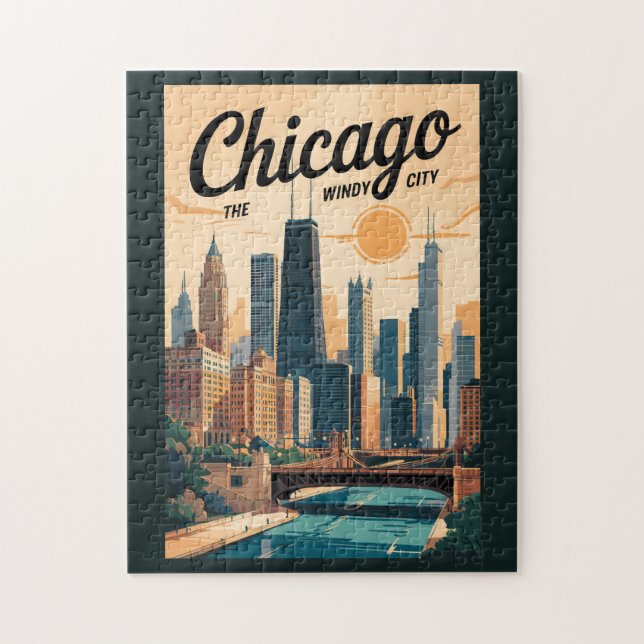 Quebra-cabeça Horizonte de Chicago Illinois Viagem Arte Vintage (Vertical)