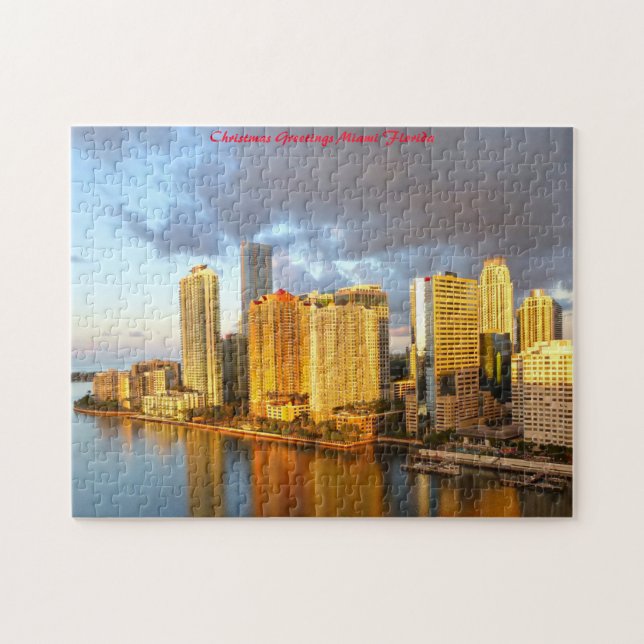 Quebra-cabeça Horizonte de Miami Flórida. Saudações de Natal (Horizontal)