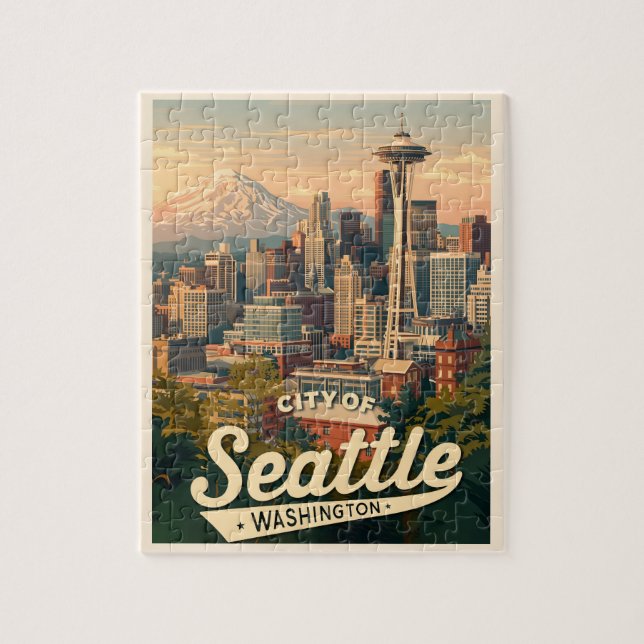 Quebra-cabeça Horizonte de Seattle – Space Needle & Monte Rainie (Vertical)