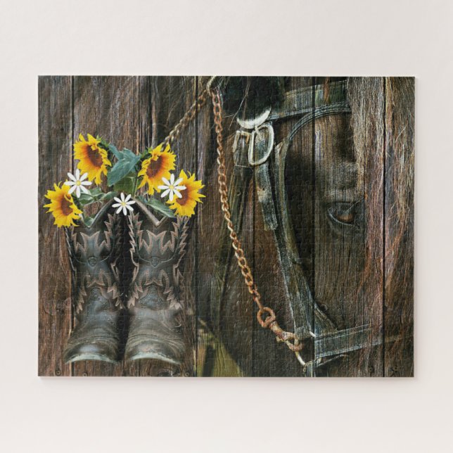 Quebra-cabeça Horse Cowboy Boots Sunflower Russo Conselho (Horizontal)