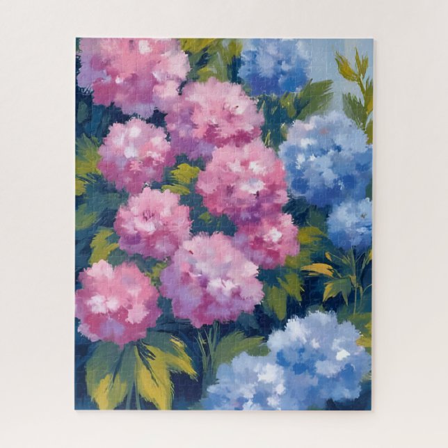 Quebra-cabeça Hortênsias de Verão | Flores Costeiras Rosa e Azul (Vertical)