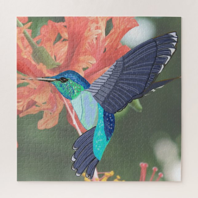 Quebra-cabeça Hummingbird azul e verde e Hibiscus laranja (Vertical)