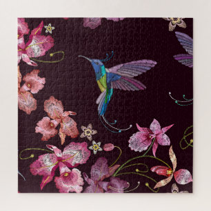 Quebra-cabeça Hummingbird e orquídea, moda sem costura tropical.