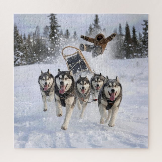 Quebra-cabeça Huskies Fora de Controle Puxando um Trenó (Vertical)
