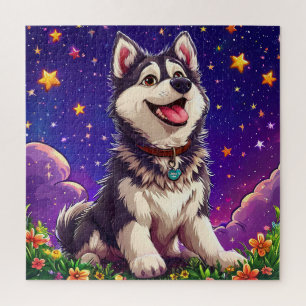 Quebra-cabeça Husky Alegre Contra o Céu Estrelado