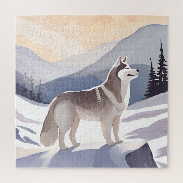 Quebra-cabeça Husky do Alasca | Aquarela Montanha Canina (Vertical)