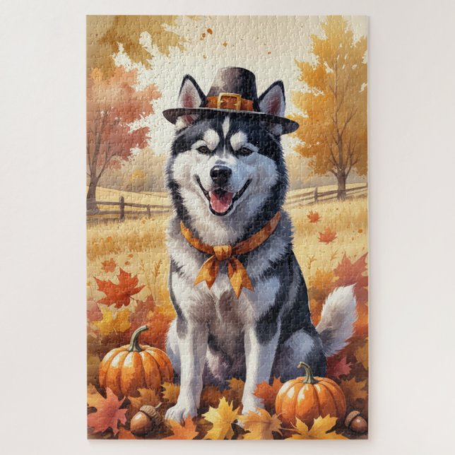 Quebra-cabeça Husky Siberiano Entre Folhas de Outono Arte de Açã (Vertical)