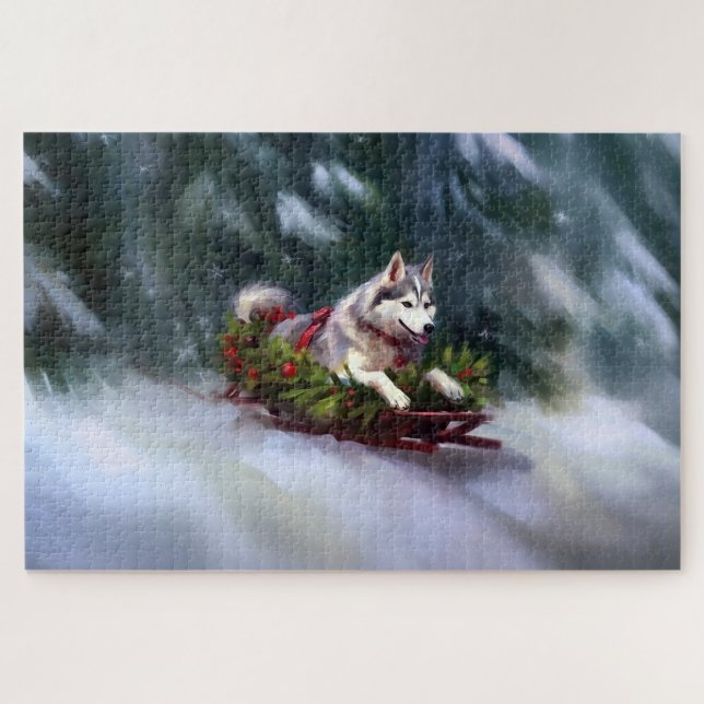 Quebra-cabeça Husky Siberiano Natal neve inverno (Horizontal)