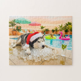 Quebra-cabeça Husky sobre rochas no Natal