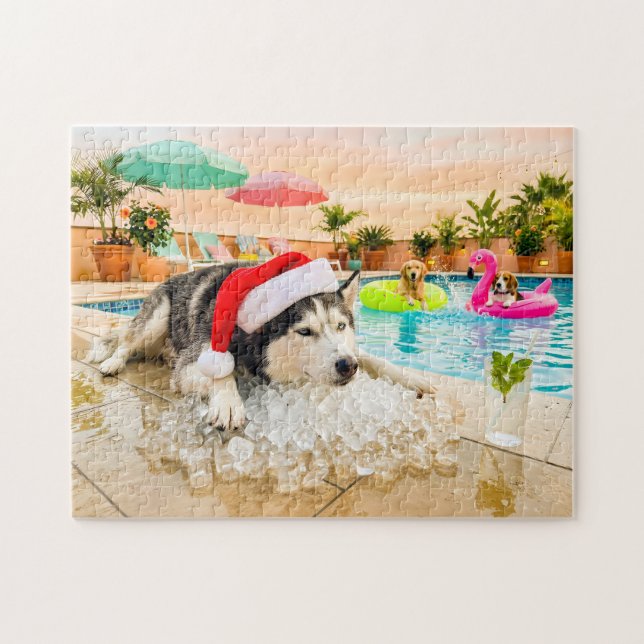 Quebra-cabeça Husky sobre rochas no Natal (Horizontal)
