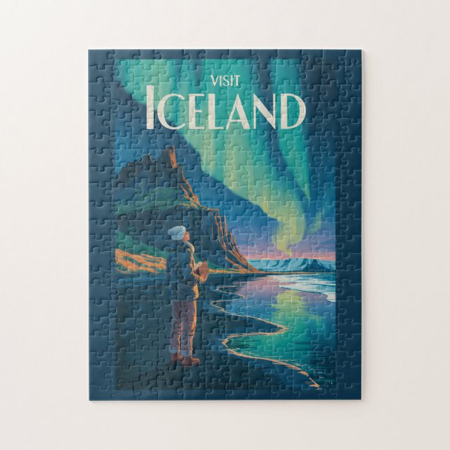 Quebra-cabeça Iceland Northern Lights Illustration Travel Art Vi (Vertical)