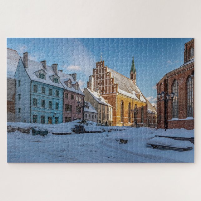 Quebra-cabeça Igreja de Peter no inverno em Riga, Letónia (Horizontal)