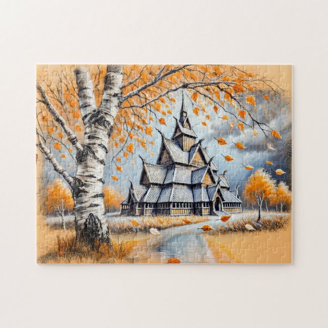 Quebra-cabeça Igreja de Tábuas em Desenho a Giz Pastel (Horizontal)