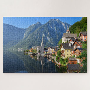 Quebra-cabeça Igreja e aldeia de Hallstatt, Áustria com Alpes