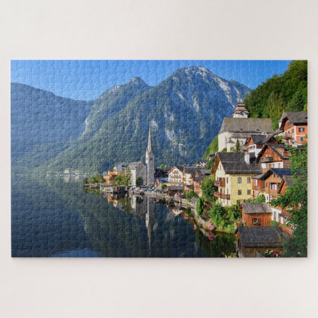 Quebra-cabeça Igreja e aldeia de Hallstatt, Áustria com Alpes (Horizontal)