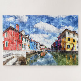 Quebra-cabeça Ilha Colorida Burano Na Arte Por Aquarela De Venez