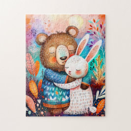 Quebra-cabeça Illustration of bear hugging rabbit in forest.