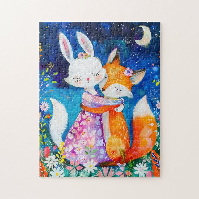 Quebra-cabeça Illustration of fox hugging rabbit in the night (Vertical)