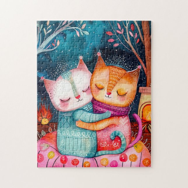 Quebra-cabeça Illustration of two cats hugging in a cozy setting (Vertical)