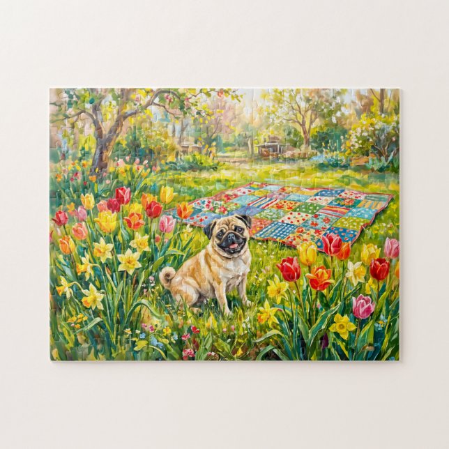 Quebra-cabeça Ilustração Caprichosa de Cachorro Mops no Jardim d (Horizontal)