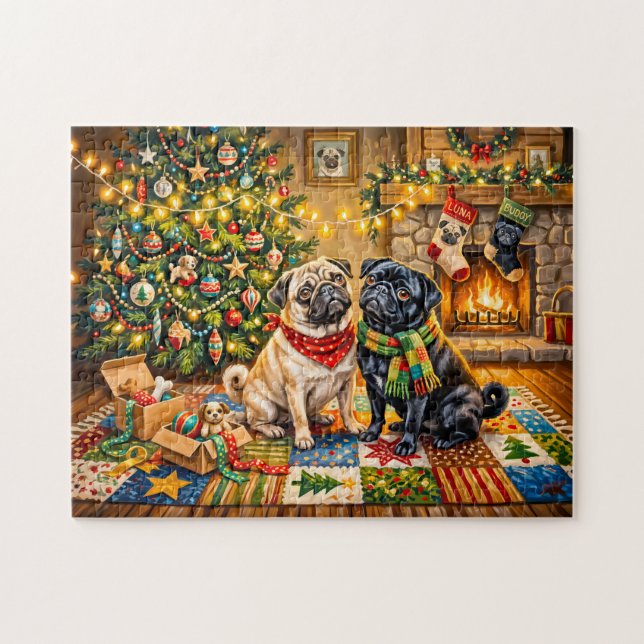 Quebra-cabeça Ilustração Caprichosa de Natal de Cachorros Mops e (Horizontal)