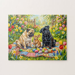 Quebra-cabeça Ilustração Caprichosa de Páscoa de Cães Mops em Pi
