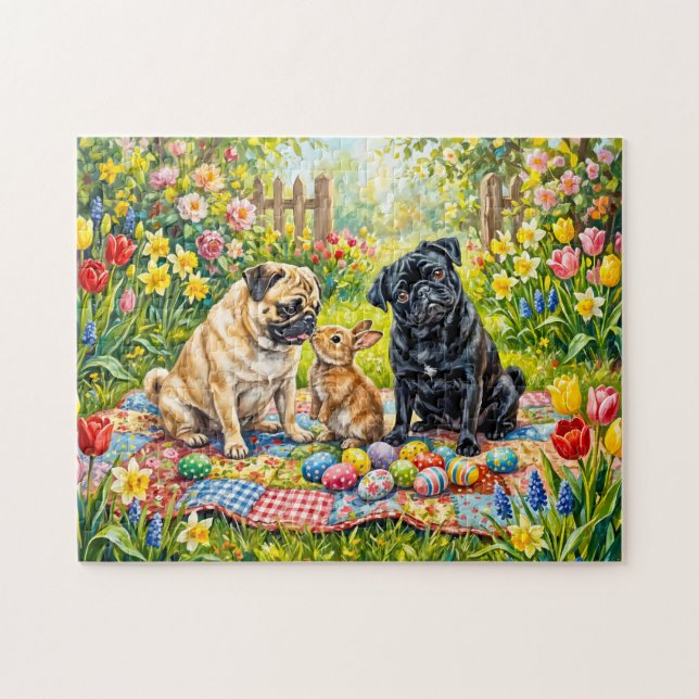 Quebra-cabeça Ilustração Caprichosa de Páscoa de Cães Mops em Pi (Horizontal)
