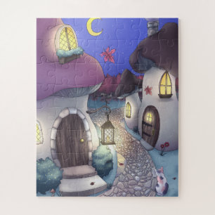 Quebra-cabeça Ilustração da Aldeia de Cogumelos Fantasy Noturno