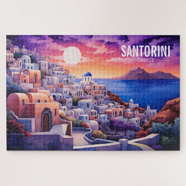 Quebra-cabeça Ilustração da Ilha Sunset Santorini | Viagem Art (Horizontal)